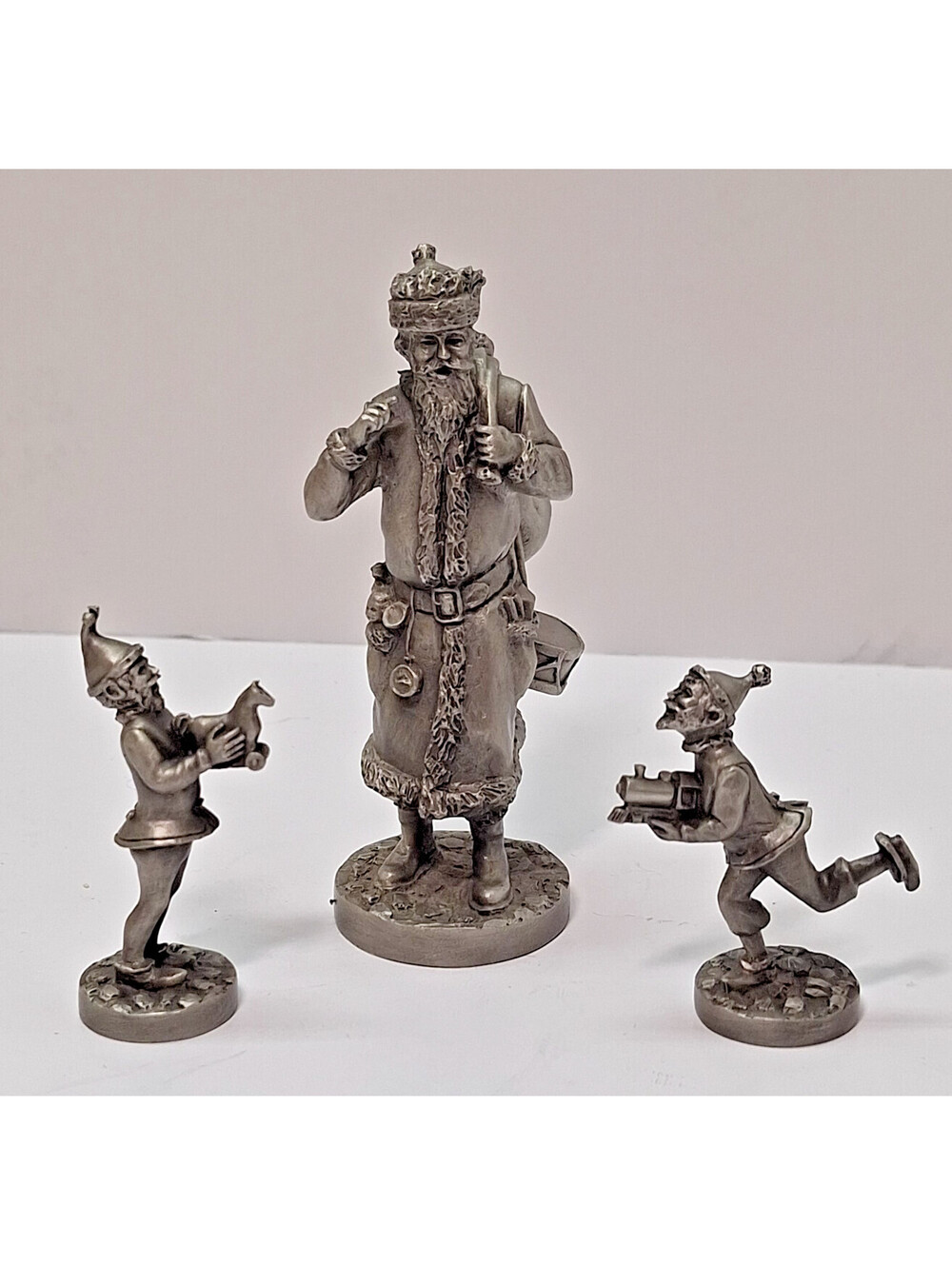 1978 Franklin Mint Fine Pewter Santa With Two Elves Figurine Set Vintage 78 FM